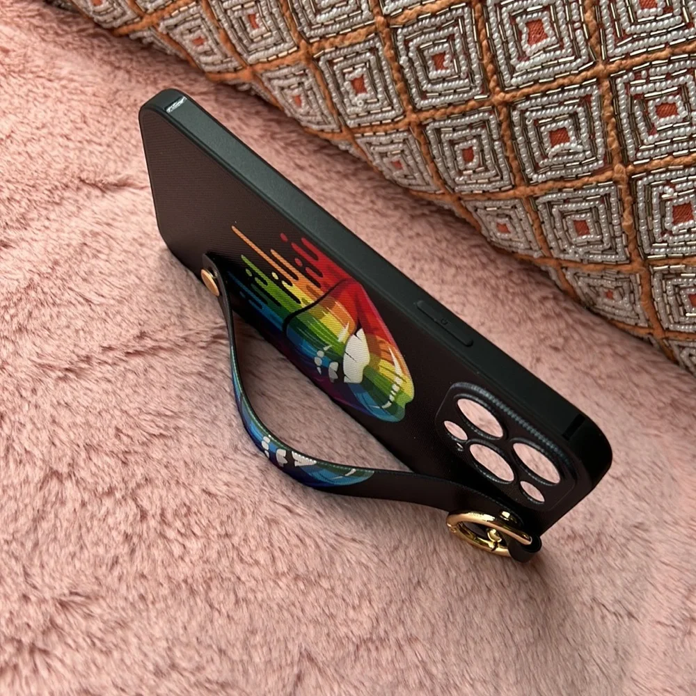 For iPhone 13 pro max phone case with wrist strap kickstand keychain lgbt pride